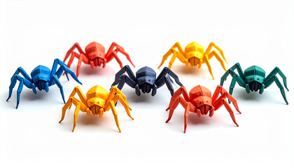 Fototapeta premium Collection of origami paper spiders in vibrant colors: blue orange red yellow black and green arranged on a white backdrop