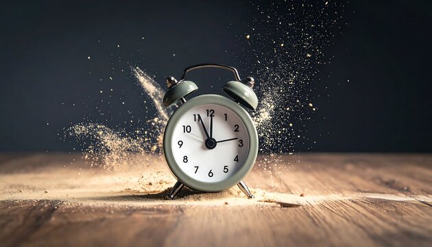 A sage alarm clock shatters in time, dust flying, set against a wood floor and dark background