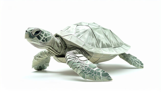 Origami green sea turtle with geometric shell pattern on white background handcrafted paper art for design element detailed craftsmanship