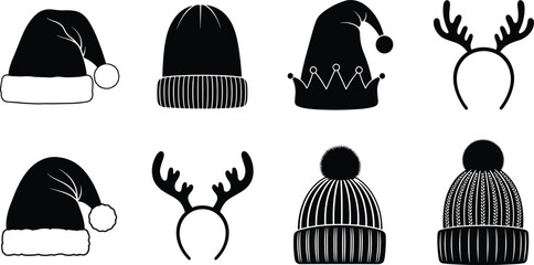 Christmas and winter hat silhouette set featuring Santa hats, elf caps, reindeer antlers, and knit beanies for holiday vector design. © Atik