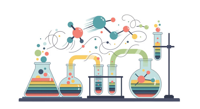 Colorful laboratory equipment setup with beakers and flasks.