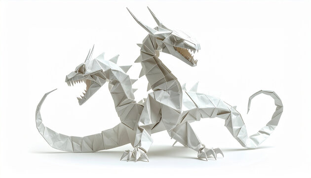 Origami two headed dragon sculpture intricate paper folded art two heads mythical creature folded spikes scales white animal art fantasy sculpture creature design