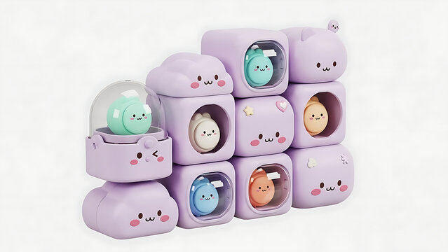 Stackable Purple Kawaii Cat Shaped Display Cubes with Miniature Character Toys Inside. Modular Desktop Storage and Collectible Toy Organizer in Soft Lavender Tones. Creative & Playful Storage Solution