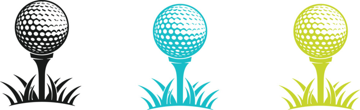 Colorful set of golf ball icons on a tee in grass featuring black blue and lime green designs for sports branding and tournament tournament graphics.