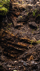 Fototapeta premium Close-up of dark, moist soil with small green moss patches.