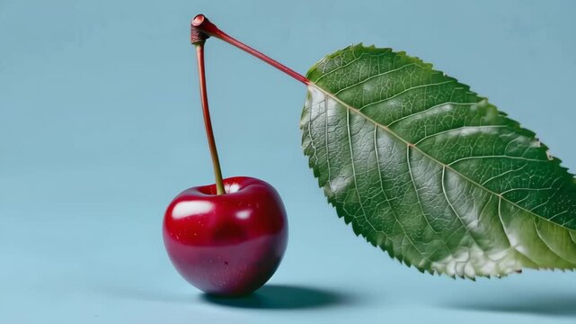Fresh cherry placed beside a large green leaf on a blue background captured in an indoor setting during daylight