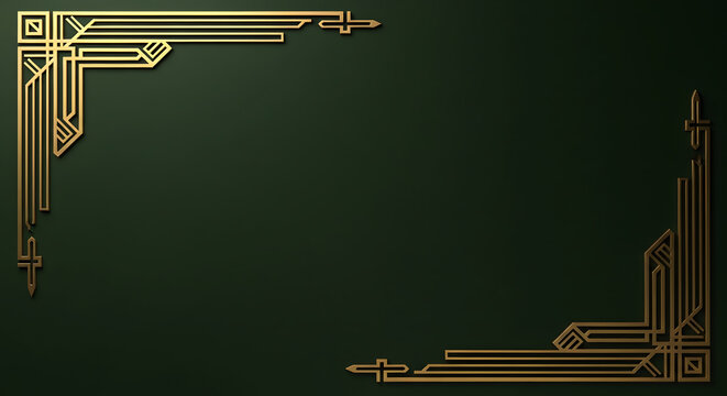 Elegant Gold Art Deco Frame on Luxury Dark Green Background with Geometric Border