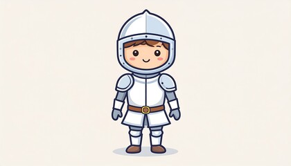 Obraz premium An adorable cartoon of a standing medieval warrior in white armor, helmet, gloves, and a brown belt. The warrior has a happy face