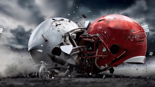 Football helmets collide with force on the field at night during an intense game
