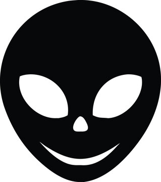 Black silhouette of a smiling alien face with large eyes and a small nose on a white background.