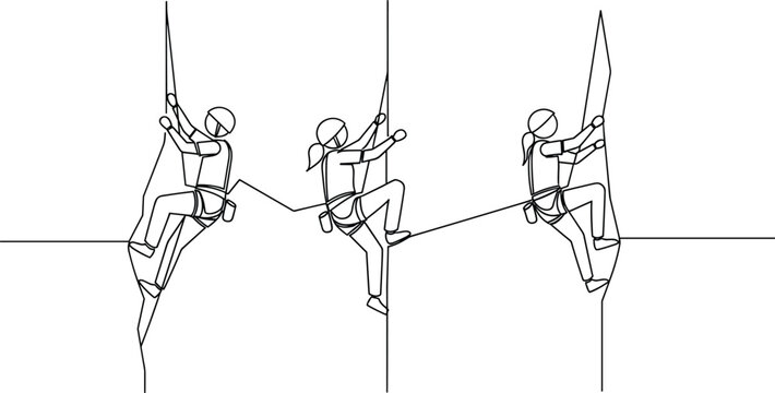 Continuous line drawing of rock climbers ascending a mountain peak symbolizing teamwork persistence achievement ambition and business growth success in minimalist vector style.