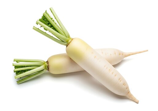 A pair of whole white mooli radishes with trimmed green leafy tops presented on a minimalist white surface.