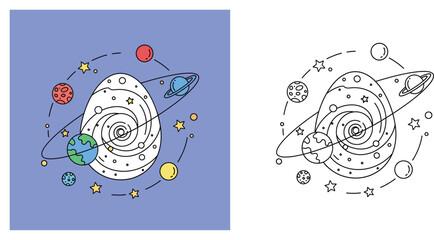 Space illustration featuring a central galaxy surrounded by planets, stars, and orbits. Includes colored version and black and white line art for coloring book © MSTA