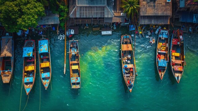 Top view of colourfull fishing boats in tropical southeast asia village