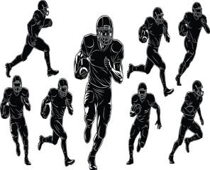 American football players set, running back silhouette vector illustrations, athlete action poses collection, sports graphic design elements isolated, football bundle. © Foredul