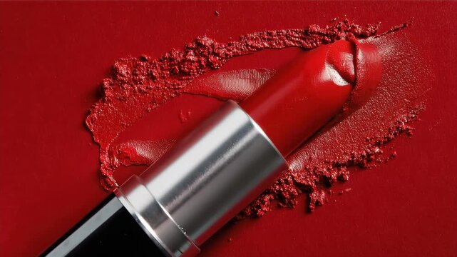 Woman applies bright red lipstick on lips for a makeup tutorial in a bright setting