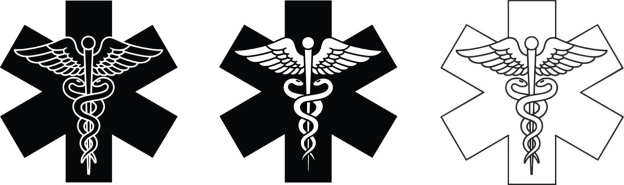 Medical Star of Life icon set featuring the Caduceus symbol for emergency medical services healthcare pharmacy hospital ambulance and professional healthcare provider branding.
