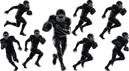American football players silhouette vector collection, set of running back and offensive lineman action poses isolated on white background, sports. © Foredul