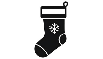 Monochrome Christmas stocking illustration with snowflake design, a looped hanger, and white accents against a pure white background