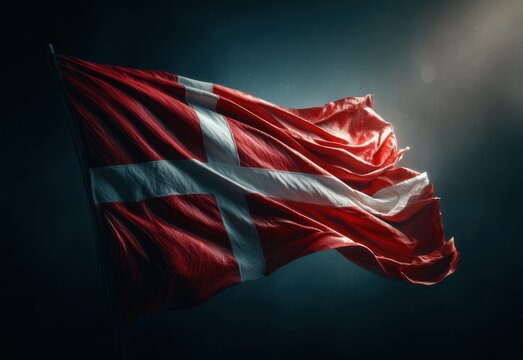 Denmark flag waving in the air with bright light backdrop during a calm moment in the evening