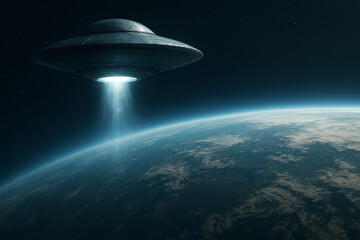 Alien UFO Hovering Above Earth at Futuristic Sci-Fi Concept Horizontal