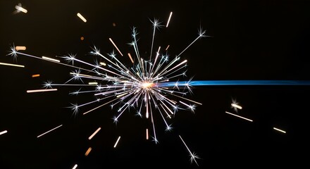 Fototapeta premium Sparkling firework explodes in night sky with colorful sparks flying everywhere quickly
