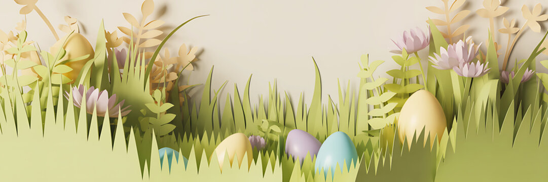 Easter eggs and flowers in grass on beige background  spring holiday scene