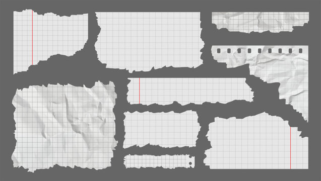 Crumpled and Torn Pieces Check Grid Lines Overlay Notebook Paper. White Pieces Paper with Torn Edges. Ripped Crumpled white Paper Pieces. Realistic Crumpled Paper Scraps with Torn Edges. Scrapbooking.