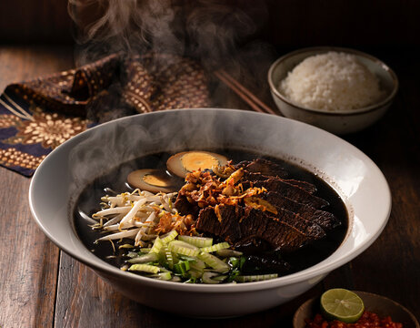 Authentic Indonesian Rawon Surabaya Rich Dark Black Keluak Beef Soup with Bean Sprouts in White Ceramic Bowl with Steam Rice Sambal and Lime on Dark Wooden Table