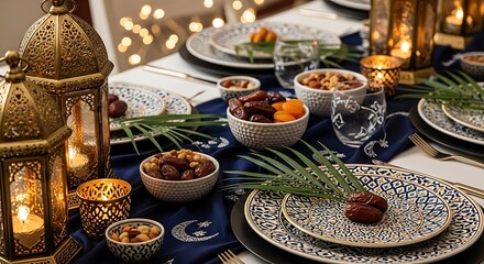 Fototapeta premium An elegant dining table set for Iftar featuring blue patterned plates, bowls of dates, glowing traditional lanterns, and decorative palm fronds under warm ambient lighting