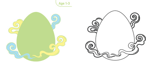 Fototapeta premium Cute magical egg with swirling clouds. Vector illustration and black and white coloring page worksheet for toddlers age 1-3.