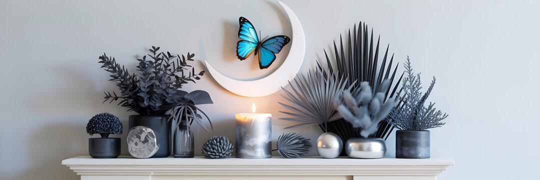 Elegant decorative arrangement featuring a bright blue butterfly on a crescent moon with plants and a candle