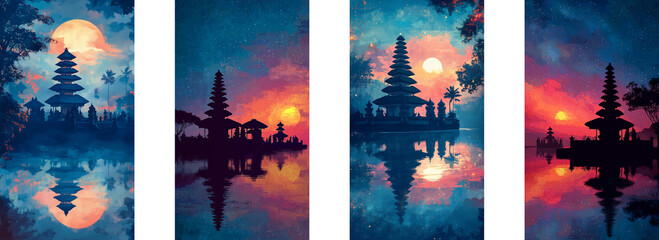 Balinese temple pagoda silhouette reflected in calm lake during dramatic blue and orange sunset with tropical trees and glowing sky in atmospheric landscape oil painting style illustrations set
