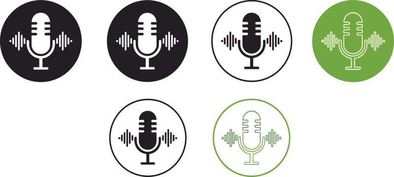 Professional podcast microphone and audio sound wave icon set featuring minimalist studio mic designs in green and black circular flat vector styles.