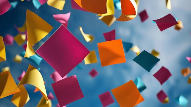 Colorful paper squares fill the sky during a celebration in a park on a sunny afternoon