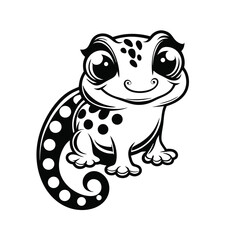 Obraz premium Spotted gecko with big eyes smiles sweetly in a black and white silhouette