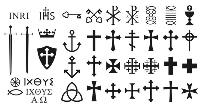 Christian symbol collection. Christianity and crusade sign set. Cross, communion and bread miracle icons. Ichthys and trinity symbols. Vector illustration image.