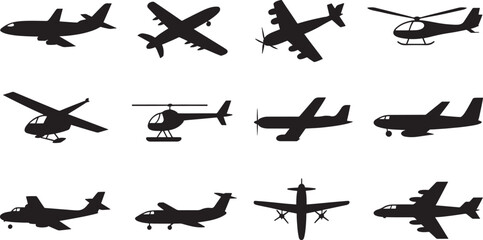Black silhouettes of various aircraft including planes and helicopters © Sabbir Art Express