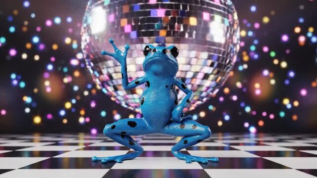 Funky Blue Amphibian Character Dancing Under Large Mirror Ball in Nightclub Setting with Spotlights