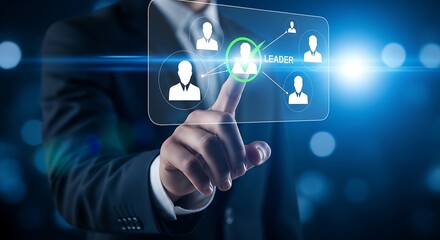 Fototapeta premium Businessman selecting a leader icon on a virtual network interface