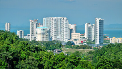 Fototapeta premium Malaysia, Penang Island. Georgetown sea-port-town with high-rise buildings on the coast.