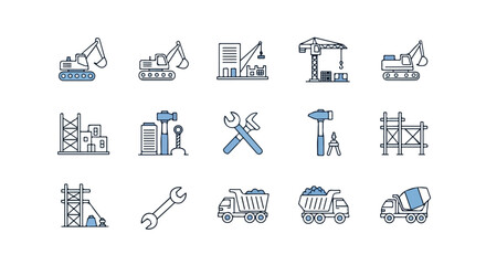 A collection of simple, blue-accented line art icons representing various construction machinery, tools, and building elements. © Rayi