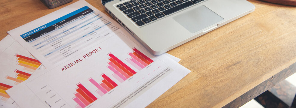 Banner Business Graphs charts office desk with copy space. Surfing internet online technology lifestyle. Banner Financial Planning Account Database Report. Technology lifestyle. Finance Excel graph