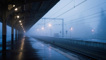 Obraz premium Empty train station platform with foggy atmosphere and overhead lighting.