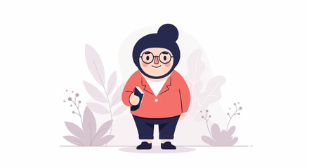 Obraz premium Whimsical cartoon character, a rosy-cheeked person in a coral jacket and dark pants, holds a book