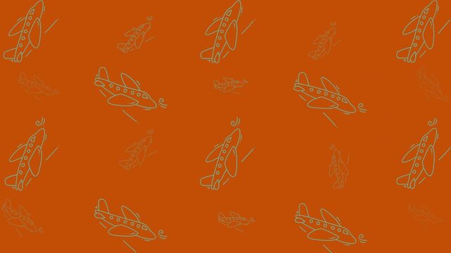 Holiday doodle repeated airplane drawings create a vibrant orange pattern useful for vacationthemed projects like travel brochures or advertisements.