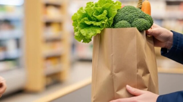 Convenient daily shopping. Customer paying for a paper bag full of fresh healthy vegetables using a contactless credit card at the supermarket terminal. Retail concept. Cinematic video.