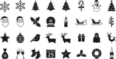 Black silhouette collection of Christmas icons, Santa Claus, reindeer, snowflakes, and festive holiday elements isolated on white background cad drawing flat vector illustration © fulbabu
