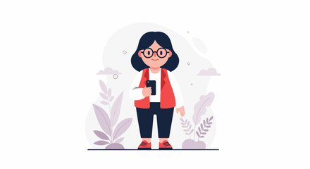 A person with glasses and dark hair holds a phone amidst stylized plants and clouds