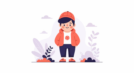 Cheerful boy in cap and jacket stands outdoors amongst stylized plants